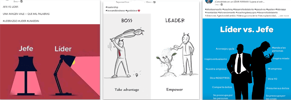 Assorted images from LinkedIn articles about leader vs. boss