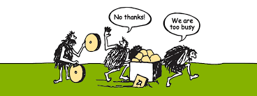 A caveman offers a wheel (innovation) to a team carrying a box, and the team rejects it because it&rsquo;s busy (carrying the box)