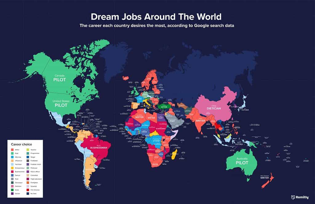 Mapa mundial con el empleo soñado más buscado por país, según el estudio de Remitly